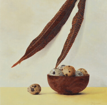 Painting titled "Quail eggs with fea…" by Iryna Dolzhanska, Original Artwork, Oil Mounted on Wood Panel