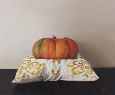 Painting titled "Pumpkin on a pillow" by Iryna Dolzhanska, Original Artwork, Oil Mounted on Wood Stretcher frame