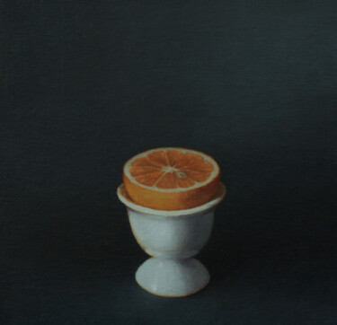 Painting titled "Lemon in an egg cup" by Iryna Dolzhanska, Original Artwork, Oil Mounted on Wood Stretcher frame