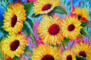 Painting titled "Sunflowers" by Iryna Fedarava, Original Artwork, Oil Mounted on Wood Stretcher frame