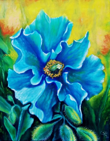 Painting titled "Blue Himalayan Poppy" by Iryna Fedarava, Original Artwork, Oil Mounted on Wood Stretcher frame