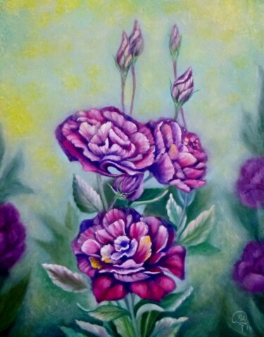 Painting titled "Purple Eustoma In T…" by Iryna Fedarava, Original Artwork, Oil Mounted on Wood Stretcher frame