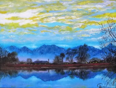 Painting titled "Yellow Sunset - FRA…" by Iryna Fedarava, Original Artwork, Oil Mounted on Wood Stretcher frame