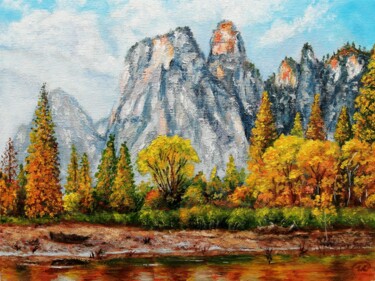 Malerei mit dem Titel "Autumn in the Yosem…" von Iryna Fedarava, Original-Kunstwerk, Öl Auf Karton montiert