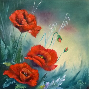 Painting titled "Wild Red poppies" by Iryna Fedarava, Original Artwork, Oil Mounted on Wood Stretcher frame