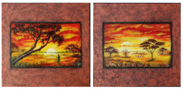 Painting titled "Kenyan Sunset" by Iryna Fedarava, Original Artwork, Oil Mounted on Wood Stretcher frame