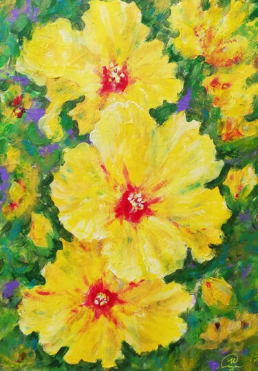 Peinture intitulée "Yellow Hibiscus" par Iryna Fedarava, Œuvre d'art originale, Acrylique