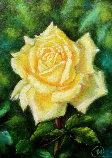 Painting titled "Yellow Rose" by Iryna Fedarava, Original Artwork, Oil Mounted on Cardboard