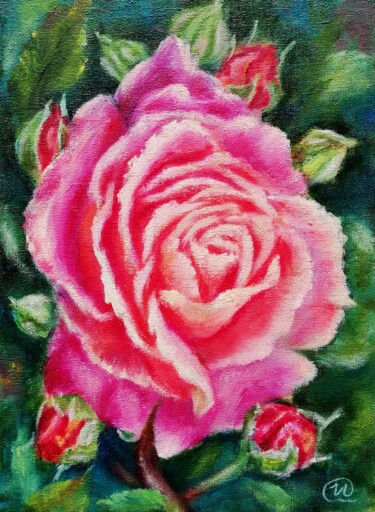 Painting titled "Pink Rose" by Iryna Fedarava, Original Artwork, Oil Mounted on Cardboard