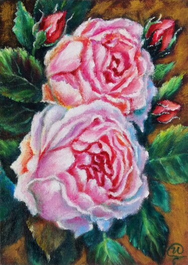 Painting titled "Pink Roses In The G…" by Iryna Fedarava, Original Artwork, Oil Mounted on Cardboard
