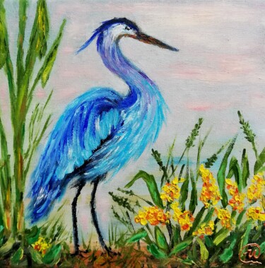 Painting titled "Blue Heron" by Iryna Fedarava, Original Artwork, Oil Mounted on Wood Stretcher frame