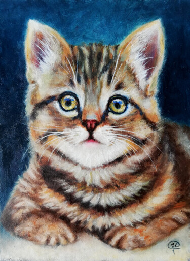 Painting titled "Striped Kitten" by Iryna Fedarava, Original Artwork, Oil Mounted on Cardboard