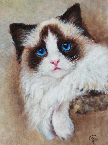 Painting titled "Cat Portrait" by Iryna Fedarava, Original Artwork, Oil Mounted on Cardboard
