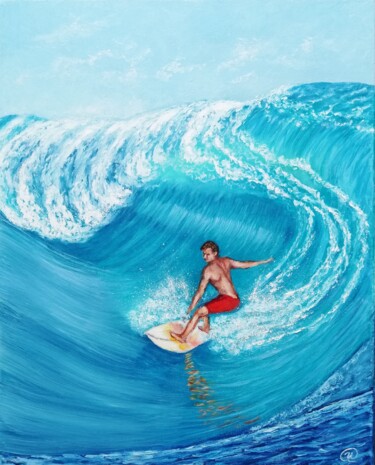 Painting titled "Surfer on the crest…" by Iryna Fedarava, Original Artwork, Oil Mounted on Wood Stretcher frame