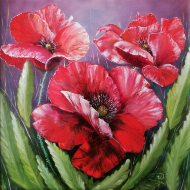 Painting titled "Poppies Dance Flame…" by Iryna Fedarava, Original Artwork, Oil Mounted on Wood Stretcher frame