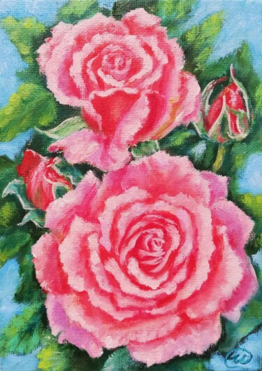 Painting titled "Pink Roses" by Iryna Fedarava, Original Artwork, Oil Mounted on Cardboard