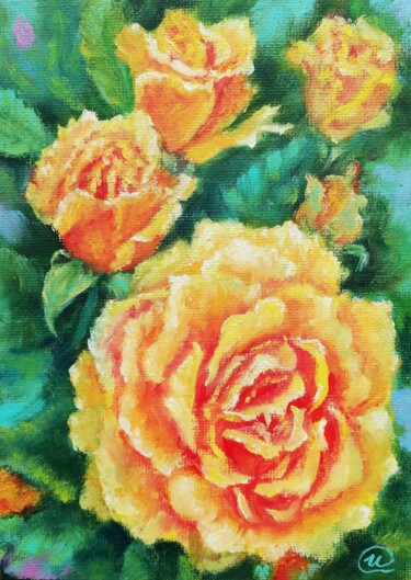 Painting titled "Yellow Roses" by Iryna Fedarava, Original Artwork, Oil Mounted on Cardboard