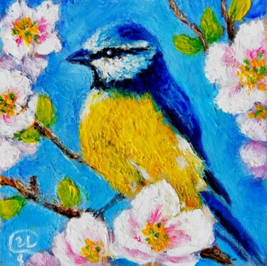 Painting titled "Bird Tit and Flowers" by Iryna Fedarava, Original Artwork, Oil Mounted on Wood Stretcher frame