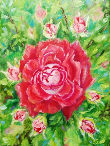 Painting titled "Roses - Garden Flow…" by Iryna Fedarava, Original Artwork, Oil Mounted on Wood Stretcher frame