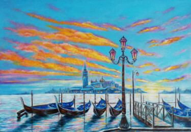 Painting titled "Sunset in Venice" by Iryna Fedarava, Original Artwork, Oil Mounted on Wood Stretcher frame