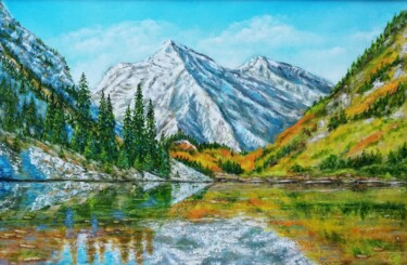 Painting titled "Lake in the mountai…" by Iryna Fedarava, Original Artwork, Oil Mounted on Wood Stretcher frame