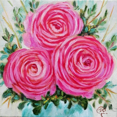Painting titled "Pink Ranunculus" by Iryna Fedarava, Original Artwork, Oil Mounted on Wood Stretcher frame