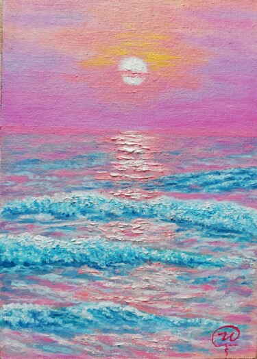 Painting titled "Pink Sunset" by Iryna Fedarava, Original Artwork, Oil Mounted on Cardboard