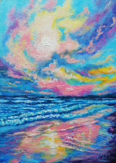 Painting titled "Multicolored Sunset" by Iryna Fedarava, Original Artwork, Oil Mounted on Cardboard