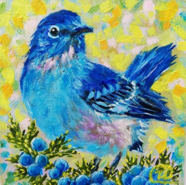 Painting titled "Bluebird and Bluebe…" by Iryna Fedarava, Original Artwork, Oil