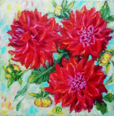 Painting titled "Red Dahlias" by Iryna Fedarava, Original Artwork, Oil Mounted on Cardboard