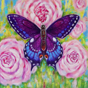 Painting titled "Purple Butterfly" by Iryna Fedarava, Original Artwork, Oil Mounted on Wood Stretcher frame