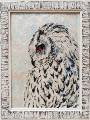 Painting titled "Snowy Owl - Framed" by Iryna Fedarava, Original Artwork, Oil Mounted on Other rigid panel