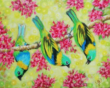 Painting titled "Tropical Birds and…" by Iryna Fedarava, Original Artwork, Oil Mounted on Cardboard