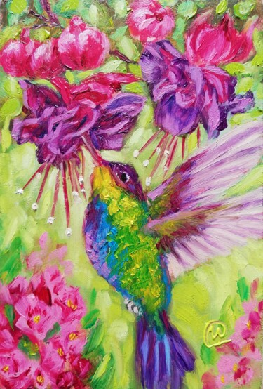 Malerei mit dem Titel "Hummingbird and Fuc…" von Iryna Fedarava, Original-Kunstwerk, Öl