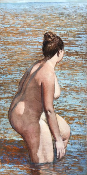 Painting titled "Entering the water" by Iryna Kalyuzhna, Original Artwork, Oil Mounted on Wood Stretcher frame