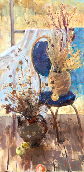 Painting titled "Yellow morning" by Iryna Kalyuzhna, Original Artwork, Oil Mounted on Wood Stretcher frame