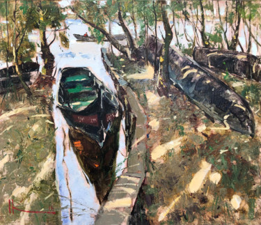 Painting titled "Boats" by Iryna Kalyuzhna, Original Artwork, Oil Mounted on Wood Stretcher frame