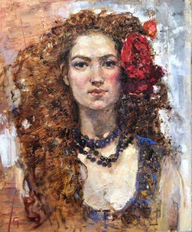 Painting titled "RED-HAIRED GIRL - b…" by Iryna Kalyuzhna, Original Artwork, Oil Mounted on Wood Stretcher frame