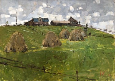 Mainly cloudy. Heystacks. Landscape painting Painting titled "Mainly cloudy. Heys…" by Iryna Kalyuzhna, Original Art, Oil Mounted on Stretcher frame