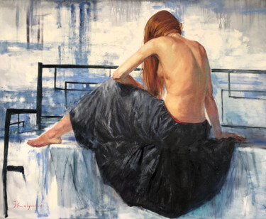 Painting titled "GIRL IN THE BLACK S…" by Iryna Kalyuzhna, Original Artwork, Oil Mounted on Wood Stretcher frame