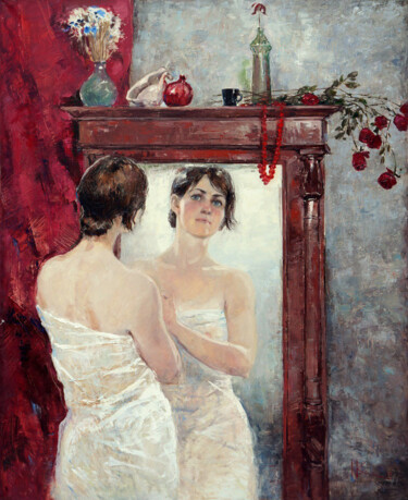 Painting titled "By the mirror -  la…" by Iryna Kalyuzhna, Original Artwork, Oil Mounted on Wood Stretcher frame
