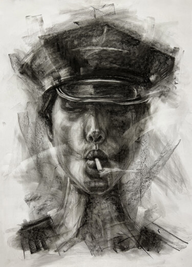 Drawing titled "Girl with a cigaret…" by Iryna Kopyrina, Original Artwork, Charcoal