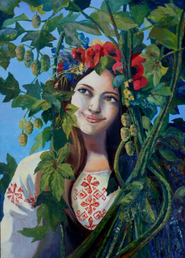 Painting titled "Хмель" by Iryna Makhovska, Original Artwork, Oil Mounted on Wood Stretcher frame