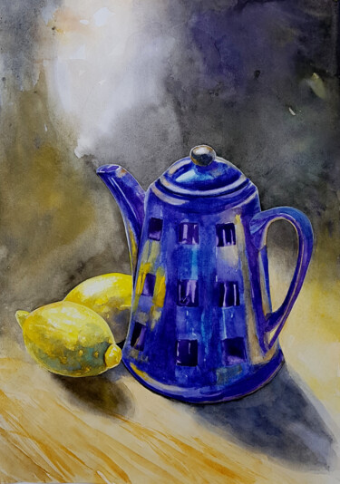Painting titled "Tea with lemon" by Iryna Makhovska, Original Artwork, Watercolor