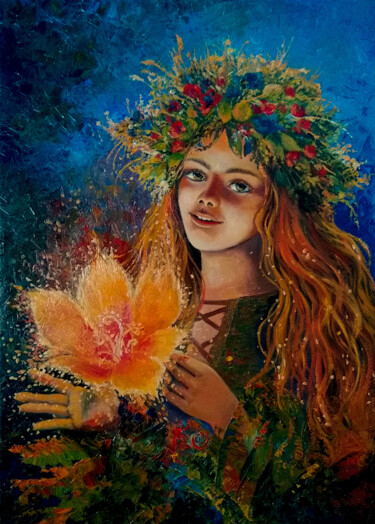 Painting titled "Fire flower" by Iryna Makhovska, Original Artwork, Oil Mounted on Wood Stretcher frame