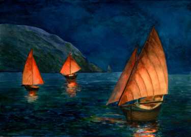 Peinture intitulée "Night sea" par Iryna Makhovska, Œuvre d'art originale, Aquarelle