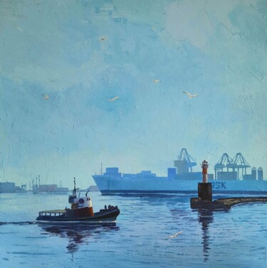 Painting titled "Ships. Aarhus" by Iryna Makhovska, Original Artwork, Acrylic Mounted on Wood Stretcher frame