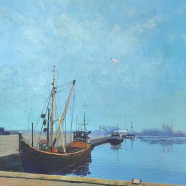 Malarstwo zatytułowany „Ships. Aarhus.2” autorstwa Iryna Makhovska, Oryginalna praca, Akryl Zamontowany na Drewniana rama no…