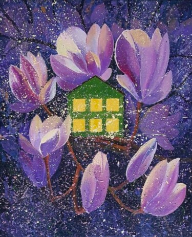 Painting titled "House in magnolias" by Iryna Makhovska, Original Artwork, Acrylic Mounted on Wood Stretcher frame