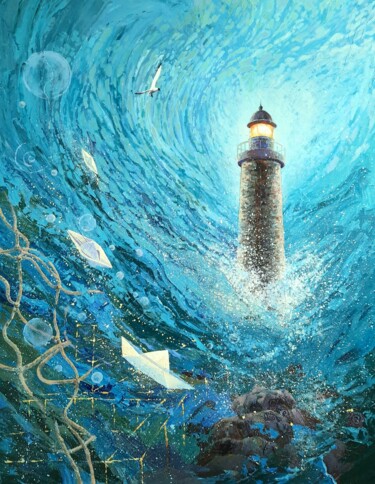 「Lighthouse」というタイトルの絵画 Iryna Makhovskaによって, オリジナルのアートワーク, アクリル ウッドストレッチャーフレームにマウント